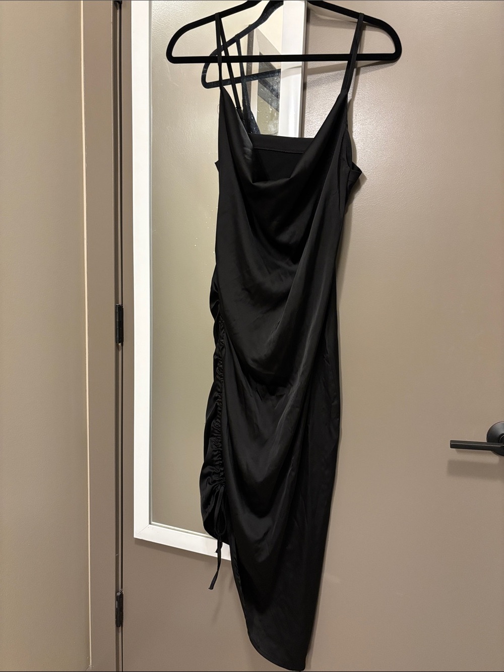 Black Ruched Satin Asymmetrical Midi Dress